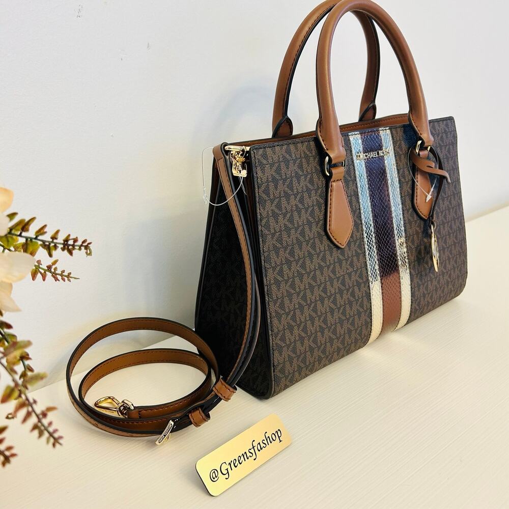 Michael Kors Purse Medium Sheila Signature Logo and Metallic Satchel Brown - Picture 3 of 10
